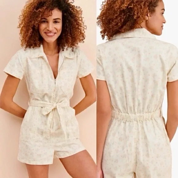 Urban Outfitters Nuuly Rosetta Floral Romper utility shorts tie sash size large - Picture 5 of 17